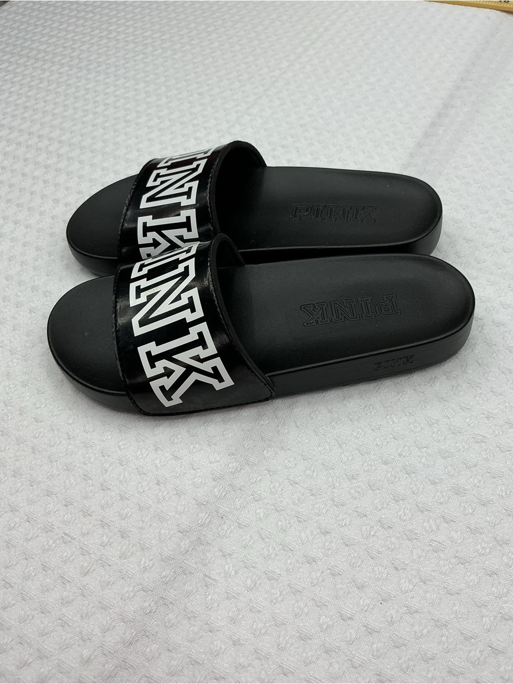 PINK Victoria's Secret Black Slide Sandals with White Logo
